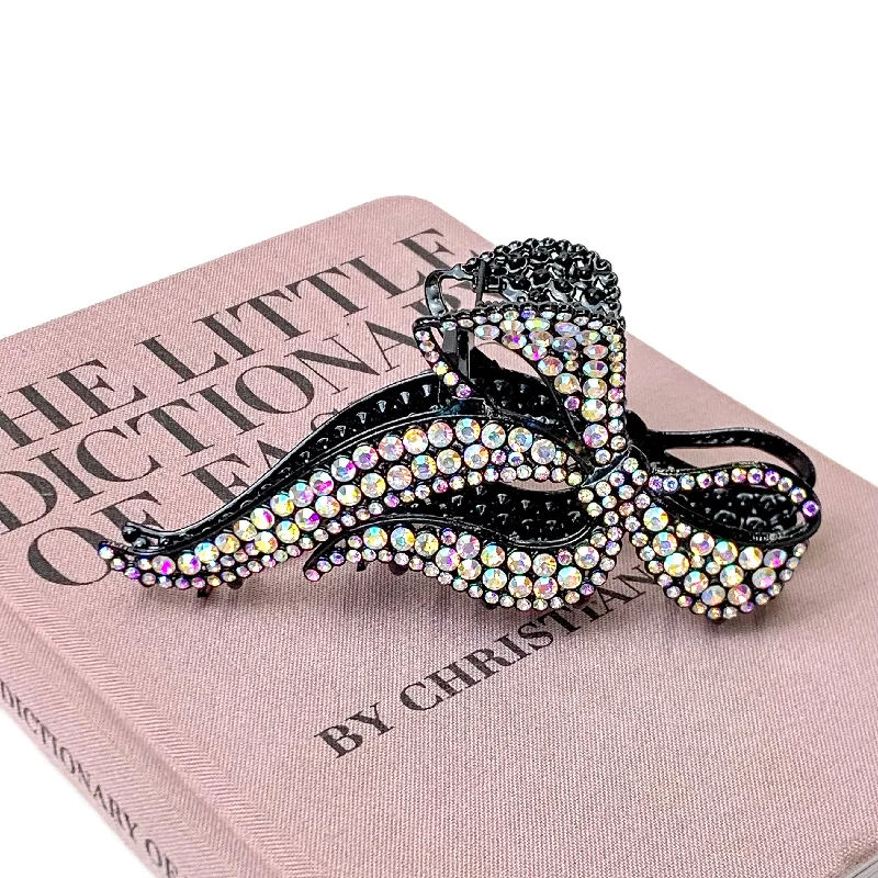 AB Crystal Embellished Bow Shaped Metal Hair Clip in Black