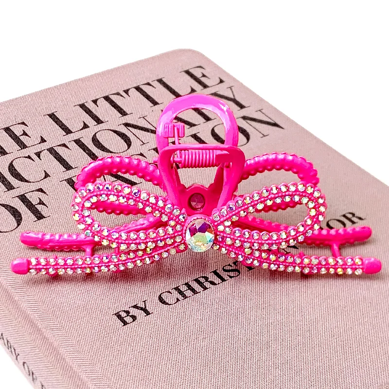 AB Crystal Embellished Ribbon Shaped Metal Hair Clip in Fuchsia Pink