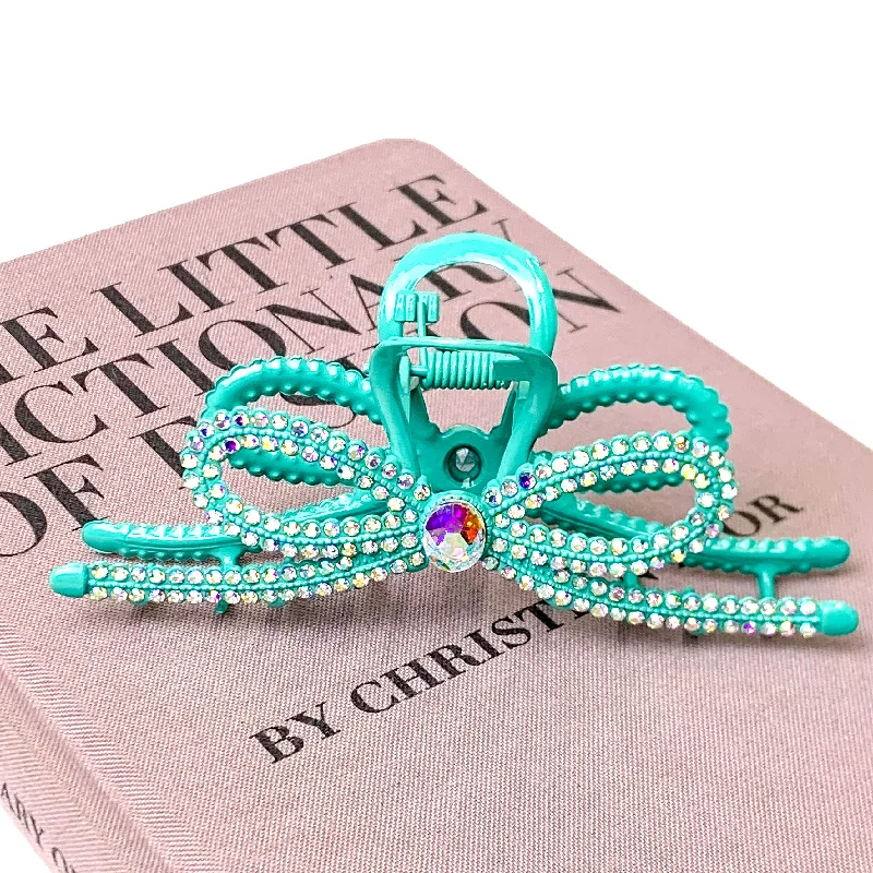 AB Crystal Embellished Ribbon Shaped Metal Hair Clip in Turquoise Blue