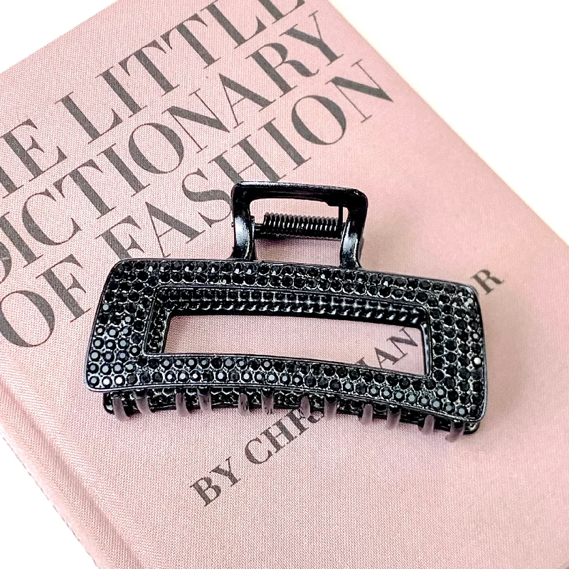 Black Crystal Embellished Metal Rectangle Hair Clip in Black