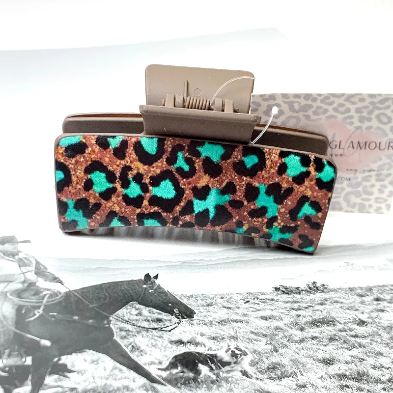 Brown Rectangle Claw Clip in Teal Leopard Print