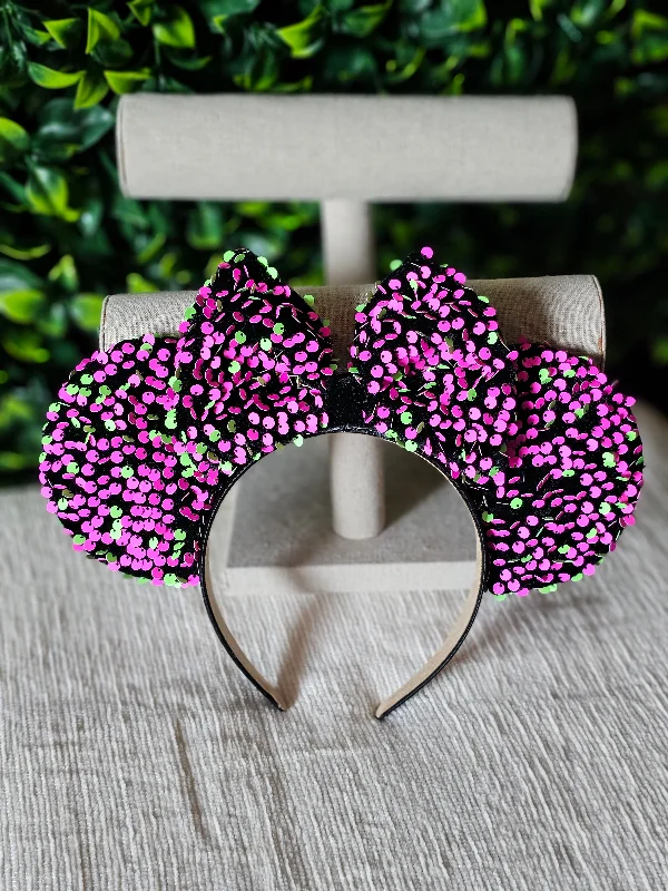 Pink and green sequins ear headband